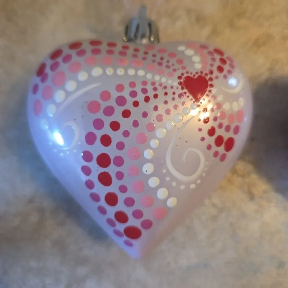 2 Mandala Pink Heart Ornaments Signed Hand Painted Art Puffy Valentines Day Gift